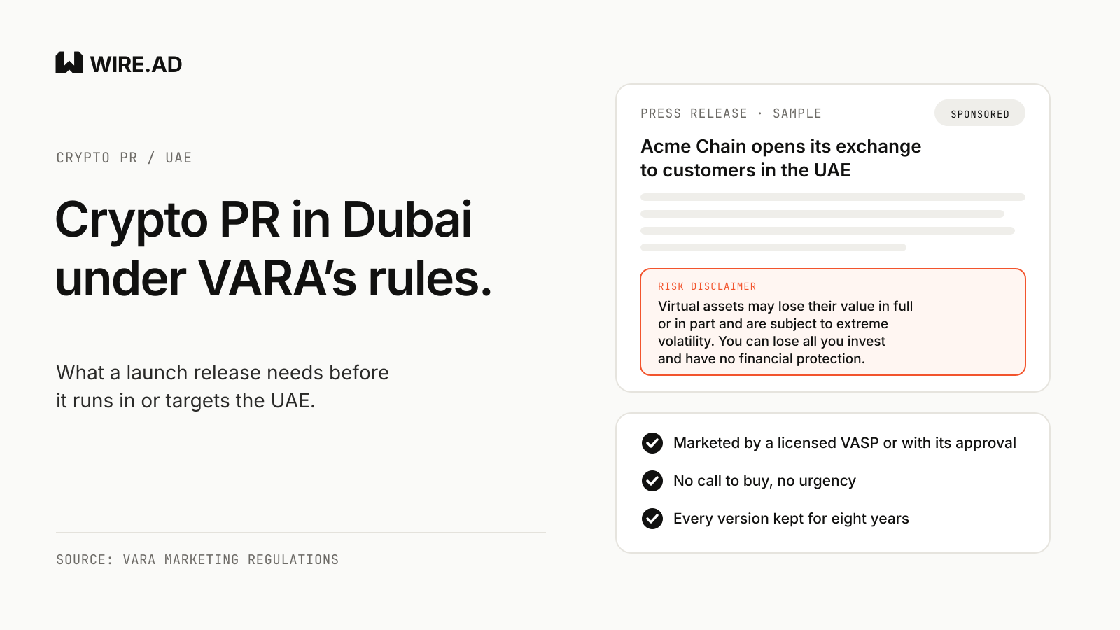 WIRE.AD cover: "Crypto PR in Dubai under VARA's rules" beside a sample press release card marked Sponsored, with a risk disclaimer box and a checklist: marketed by a licensed VASP or with its approval, no call to buy, every version kept for eight years.