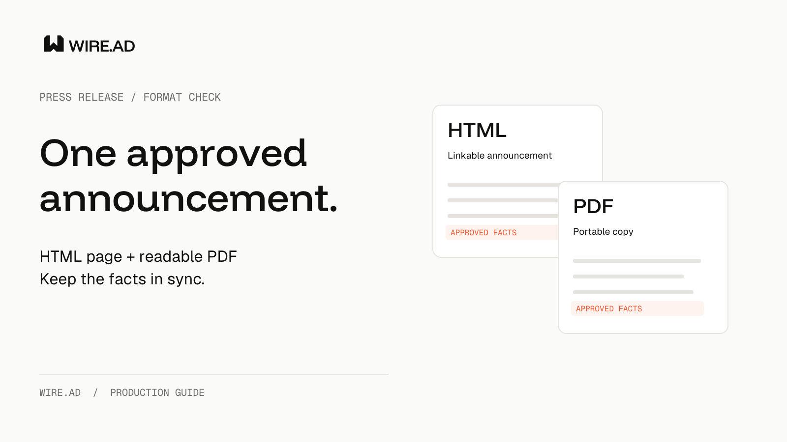 WIRE.AD format checklist showing an HTML announcement and a portable PDF carrying the same approved facts.