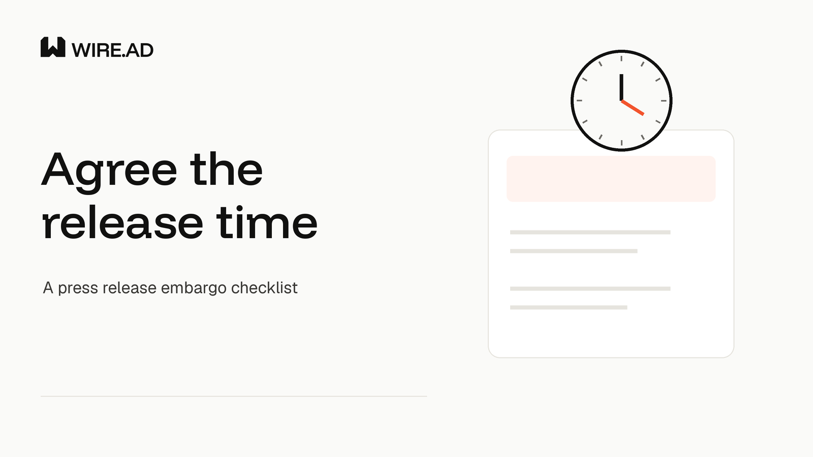 A clock above a release document illustrates agreeing a press release embargo time.
