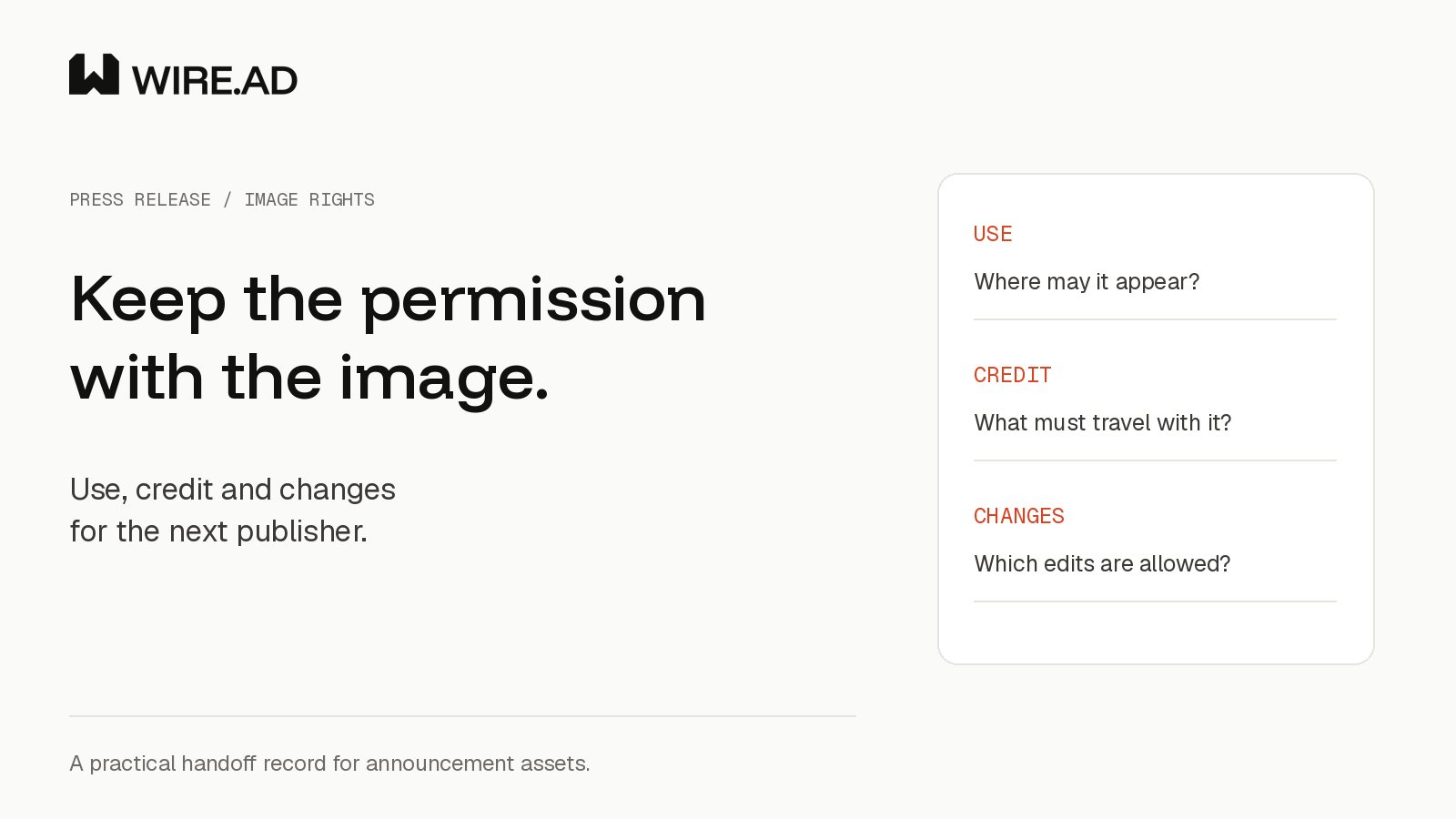 WIRE.AD image-rights handoff showing permitted use, required credit and allowed changes.