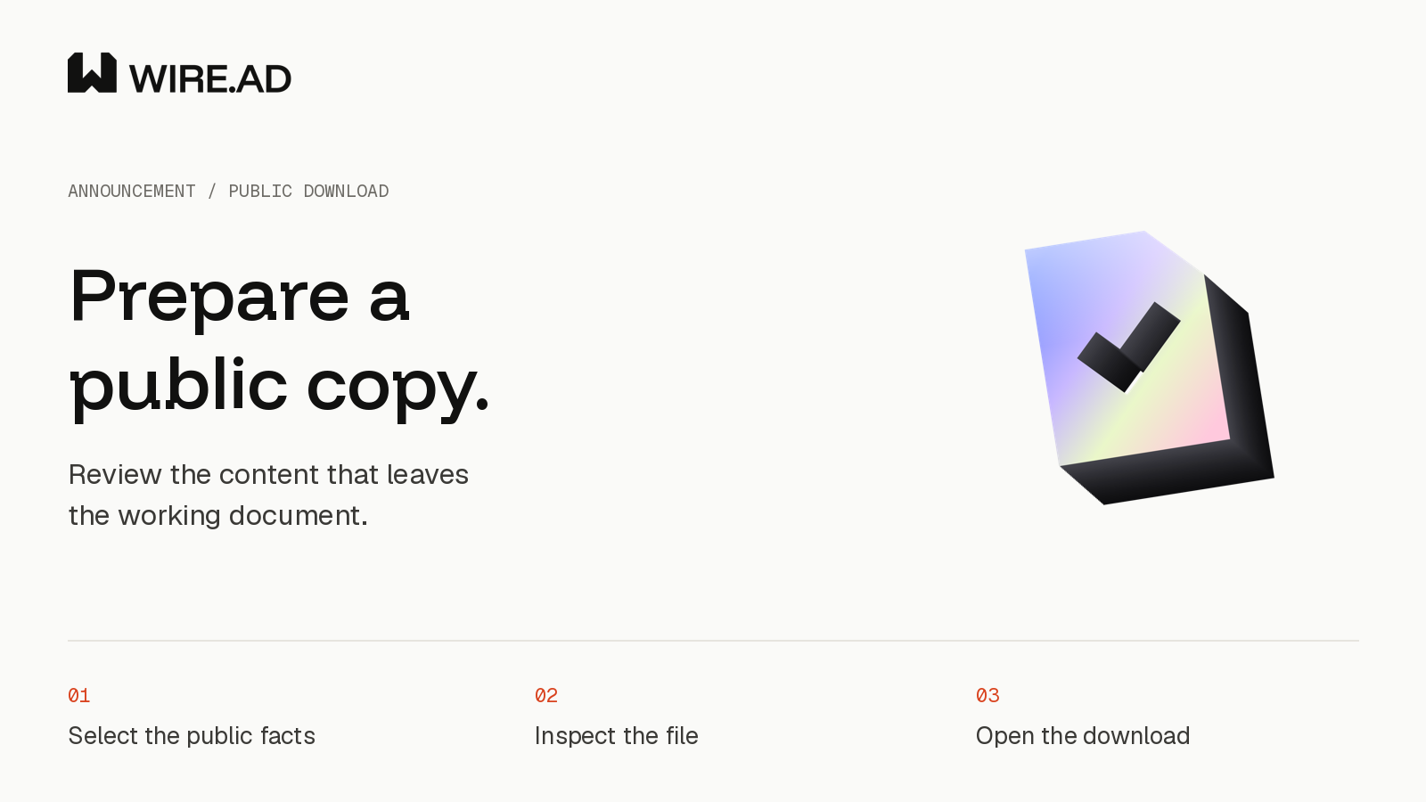 WIRE.AD public-copy workflow: select public facts, inspect the file and open the actual download.